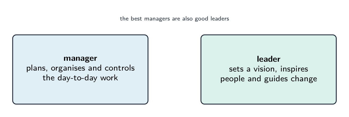 Two boxes: a manager who plans, organises and controls the day-to-day work, and a leader who sets a vision, inspires people and guides change