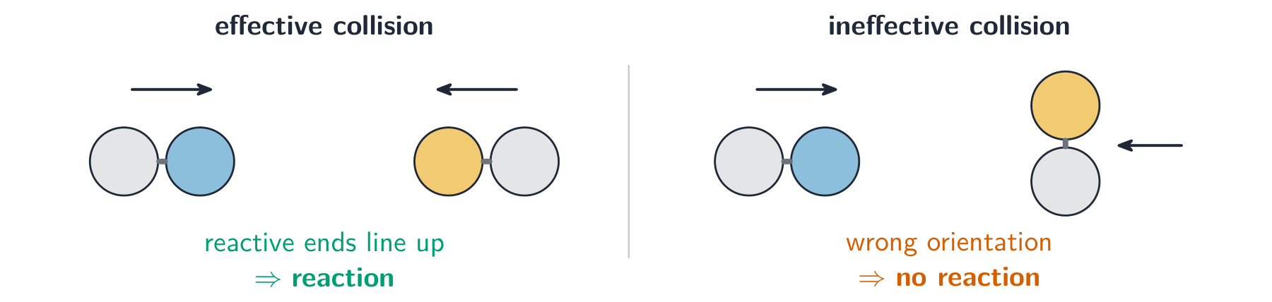 Two molecules colliding: when their reactive ends line up a reaction happens, but with the wrong orientation there is no reaction