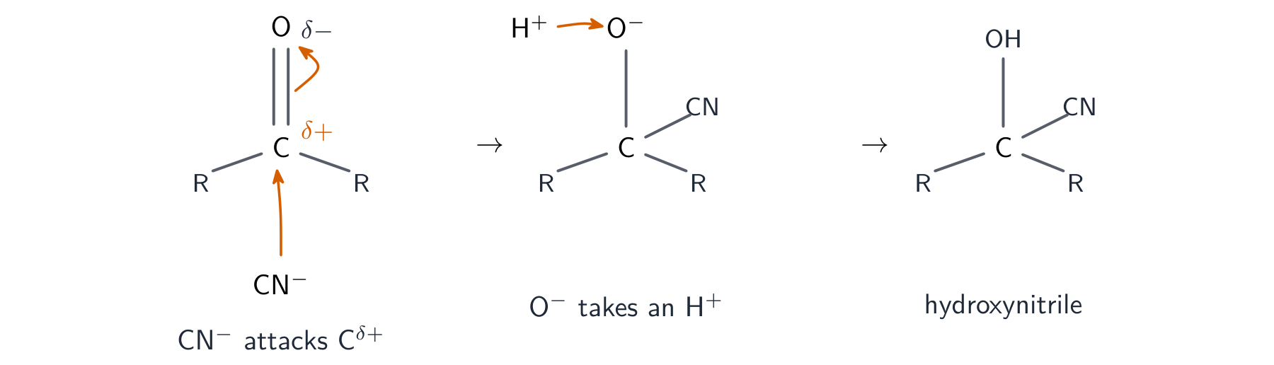 Step 1: ethanal with delta-plus on the carbonyl carbon and delta-minus on O, a curly arrow from the lone pair on the carbon of cyanide to the carbonyl carbon and another from the C=O double bond to O. Step 2: the negative oxygen uses its lone pair to take H from H-CN, with an arrow from the H-C bond to the CN. Product: 2-hydroxypropanenitrile and a cyanide ion