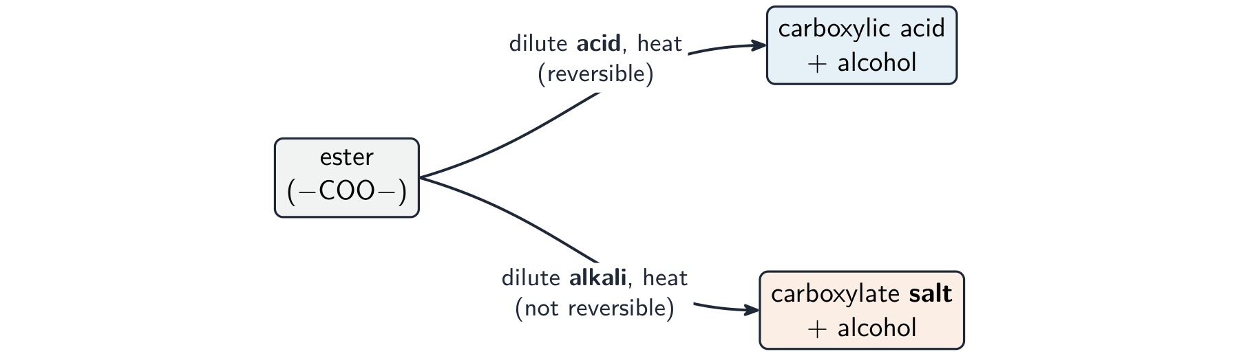 A branching diagram: an ester hydrolysed by dilute acid gives a carboxylic acid and alcohol, by dilute alkali gives a carboxylate salt and alcohol