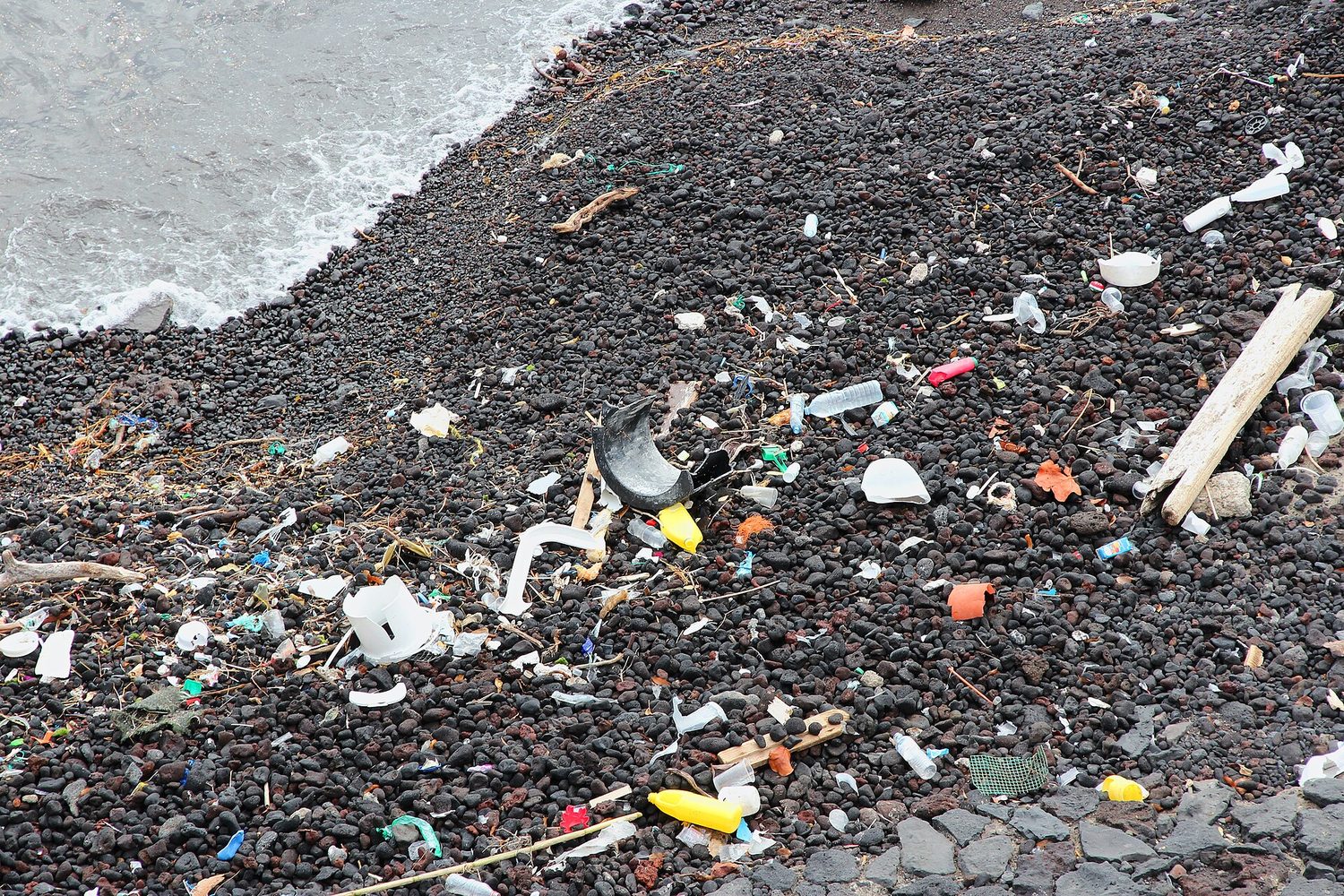 Plastic waste washed up along a beach