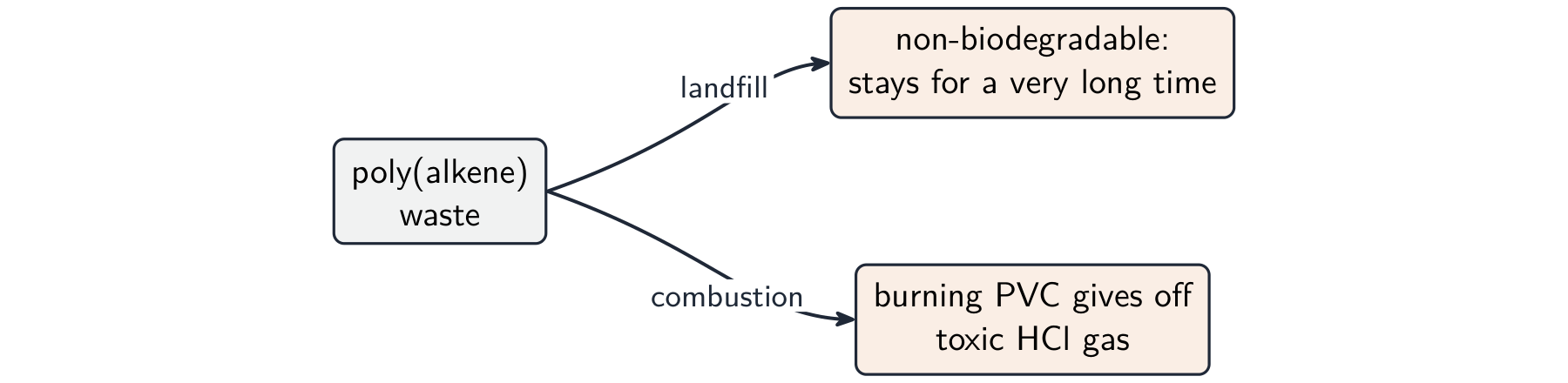A diagram showing poly(alkene) waste leading to two problems: non-biodegradable waste staying in landfill, and burning PVC releasing toxic HCl