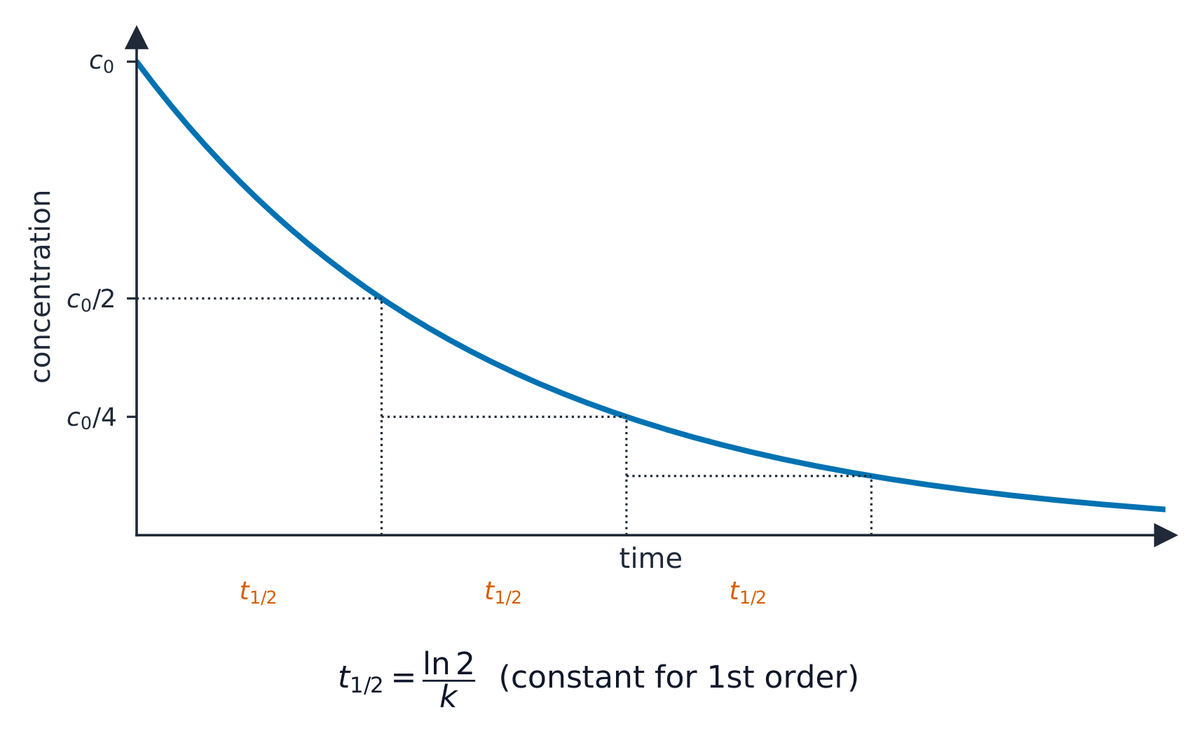 A concentration-time decay curve with three equal half-life intervals marked, the concentration halving each time