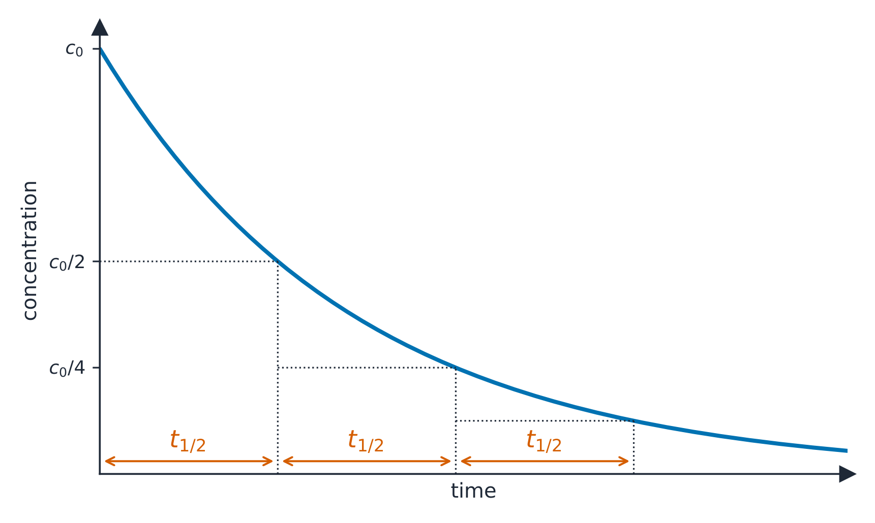 A concentration-time decay curve with three equal half-life intervals marked, the concentration halving each time