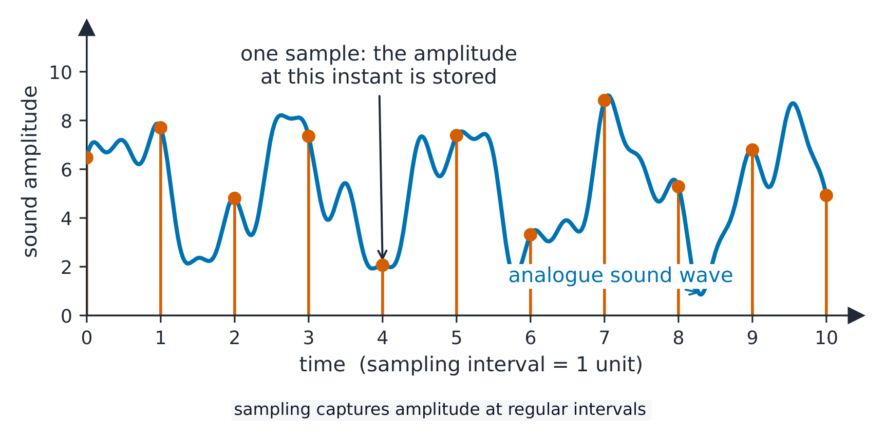 A smooth analogue sound wave with vertical sample bars at regular time intervals, each bar reading the wave's amplitude