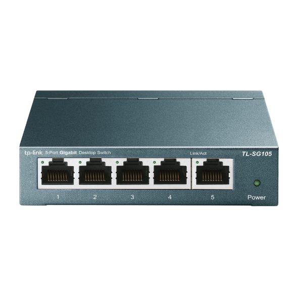 A 5-port gigabit Ethernet switch on a white background, with five numbered RJ-45 ports along the front and a power light