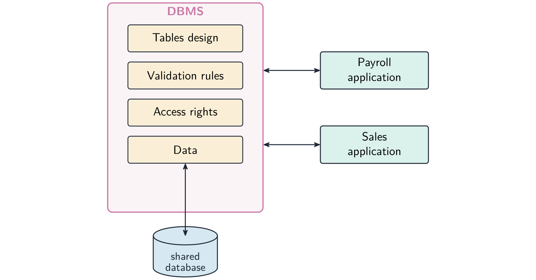 One DBMS holding tables design, validation rules, access rights and the data, with a single shared database, used by both the payroll and sales applications