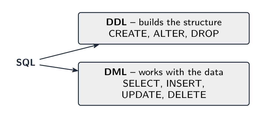 DDL builds the database structure; DML works with the data