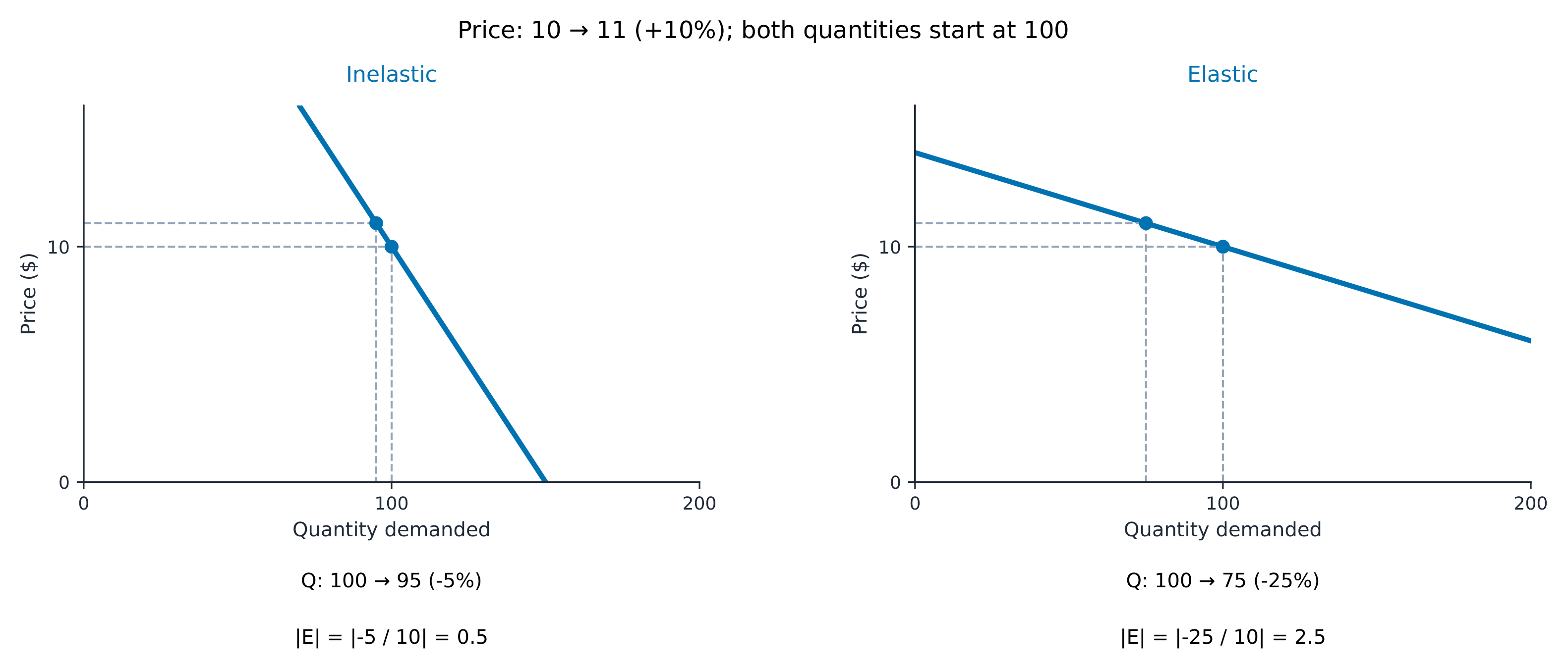Two demand responses with the same initial price and quantity and a 10% price rise