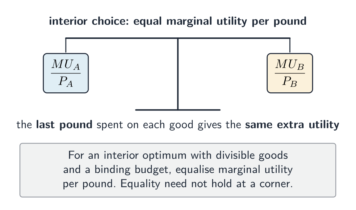 An interior-choice illustration comparing marginal utility per pound