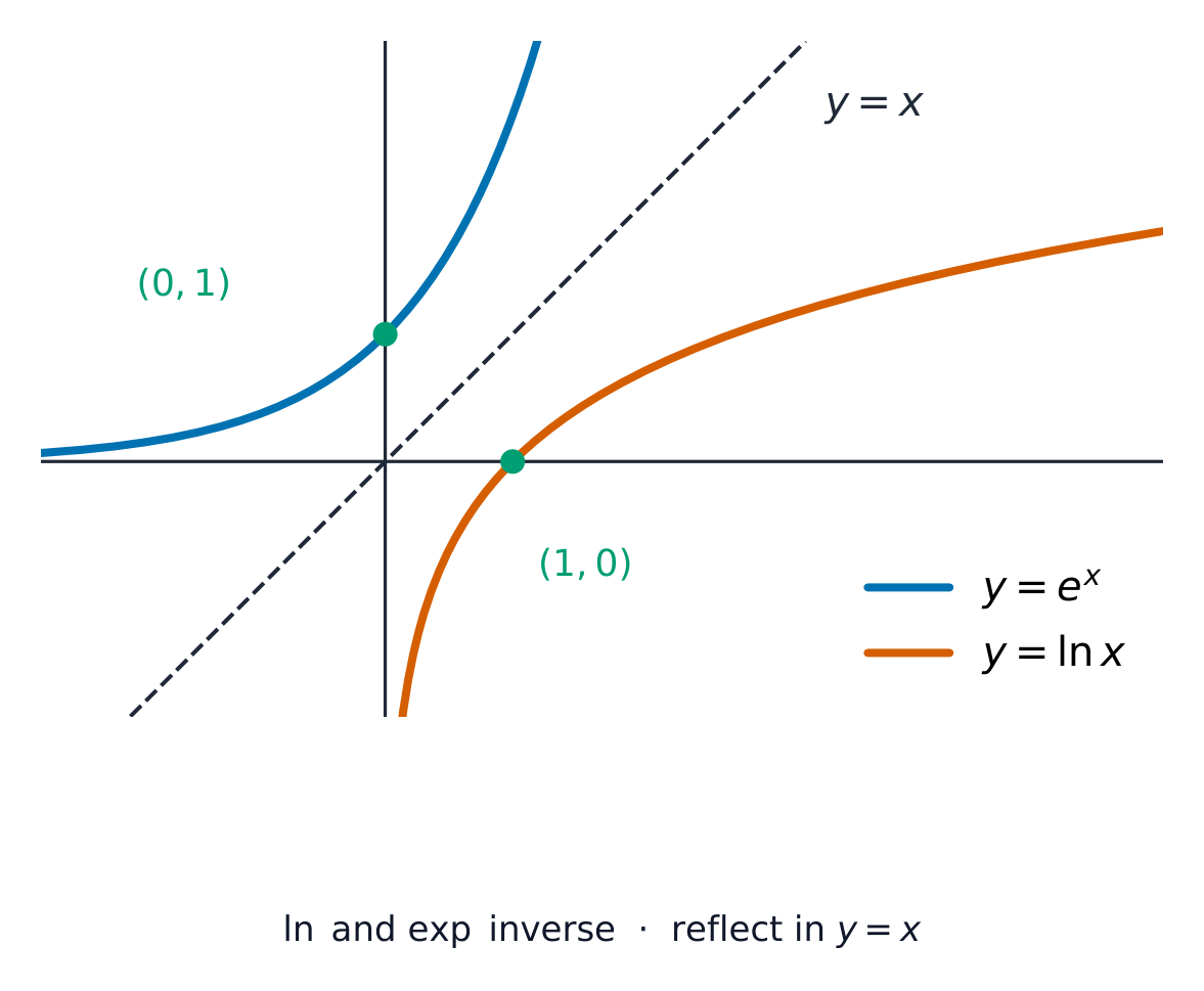 The curves of e^x and ln x mirrored across the line y = x
