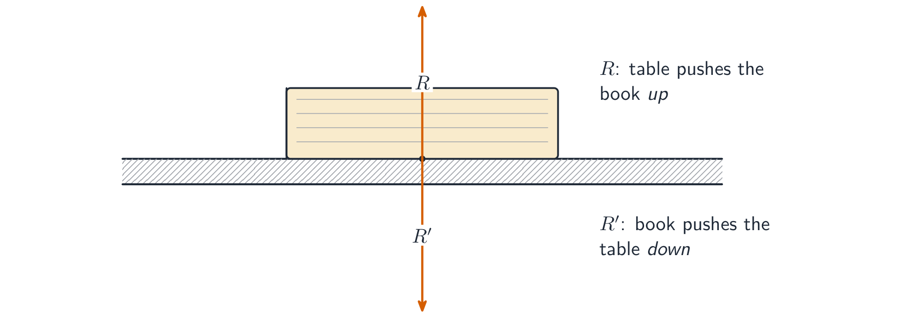 A book on a table with the contact-point arrows: R acting upward on the book (the table pushing the book up) and R-prime acting downward on the table (the book pushing the table down) — equal and opposite forces on different objects