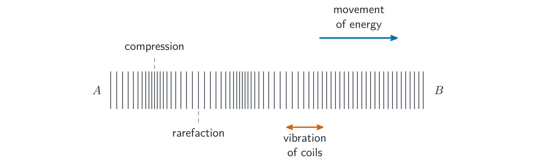 Longitudinal wave on a slinky spring: the coils bunch into compressions and spread into rarefactions; each coil vibrates back and forth (a horizontal double arrow) parallel to the direction the energy travels