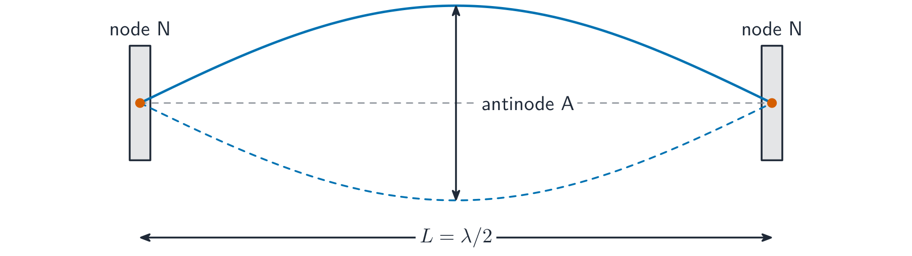A stretched string vibrating in its fundamental mode: a single loop with a node at each fixed end and an antinode in the middle, length L equals half a wavelength