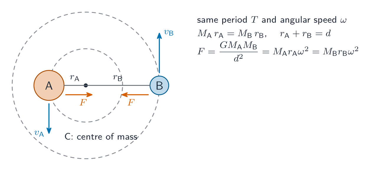 Two stars A and B orbiting their common centre of mass C on dashed circles of radii rA and rB, always diametrically opposite, with the heavier star A on the smaller circle; the attraction between them acts along the line joining them