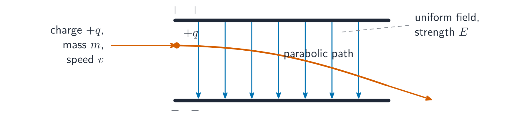 A charged particle entering the uniform field between two parallel plates at right angles to the field and curving into a parabolic path as it crosses