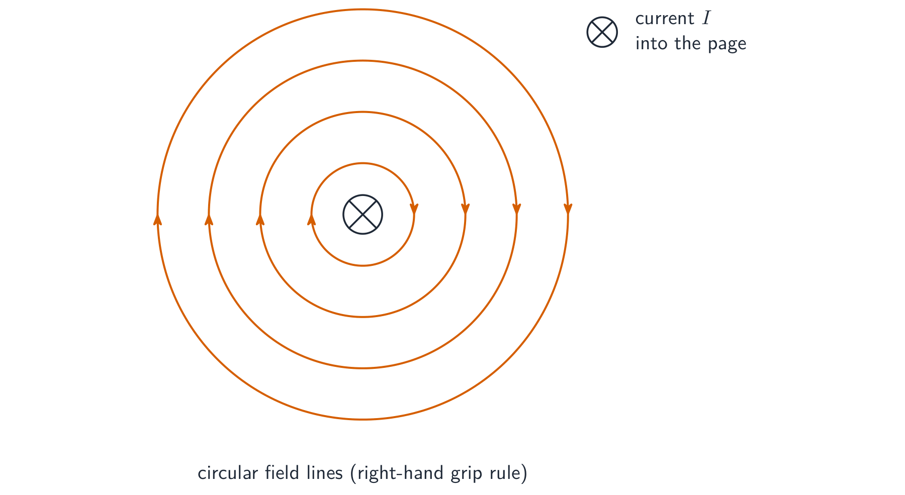 Concentric circular magnetic field lines around a straight current-carrying wire, with the current going into the page