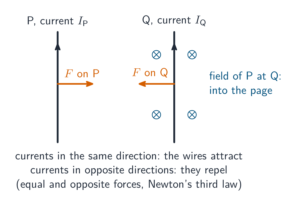 Two long parallel wires P and Q carrying currents in the same direction: the field of P at the position of Q is into the page, and by Fleming's left-hand rule the force on Q is towards P; the force on P is equally towards Q, so the wires attract
