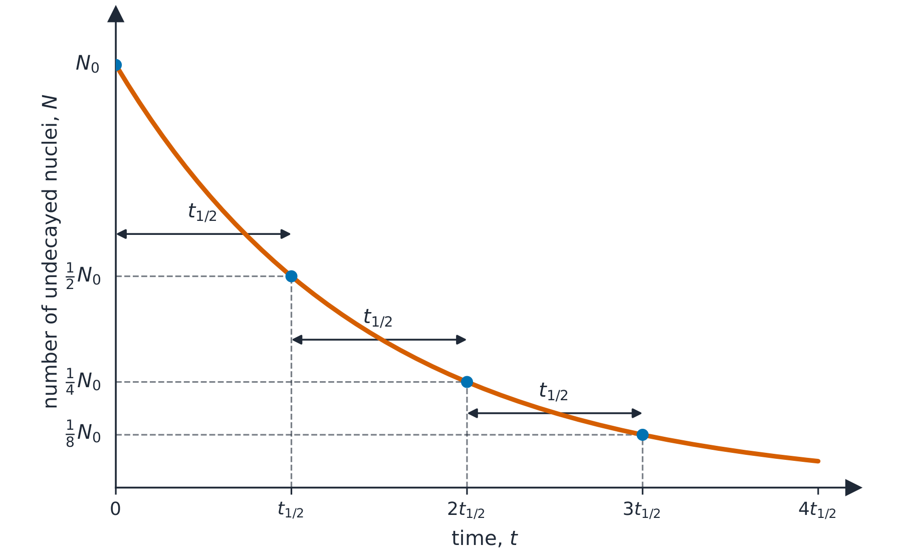 A radioactive decay curve: the number of undecayed nuclei against time, an exponential fall in which the number halves over each successive half-life, from  to  to  to 