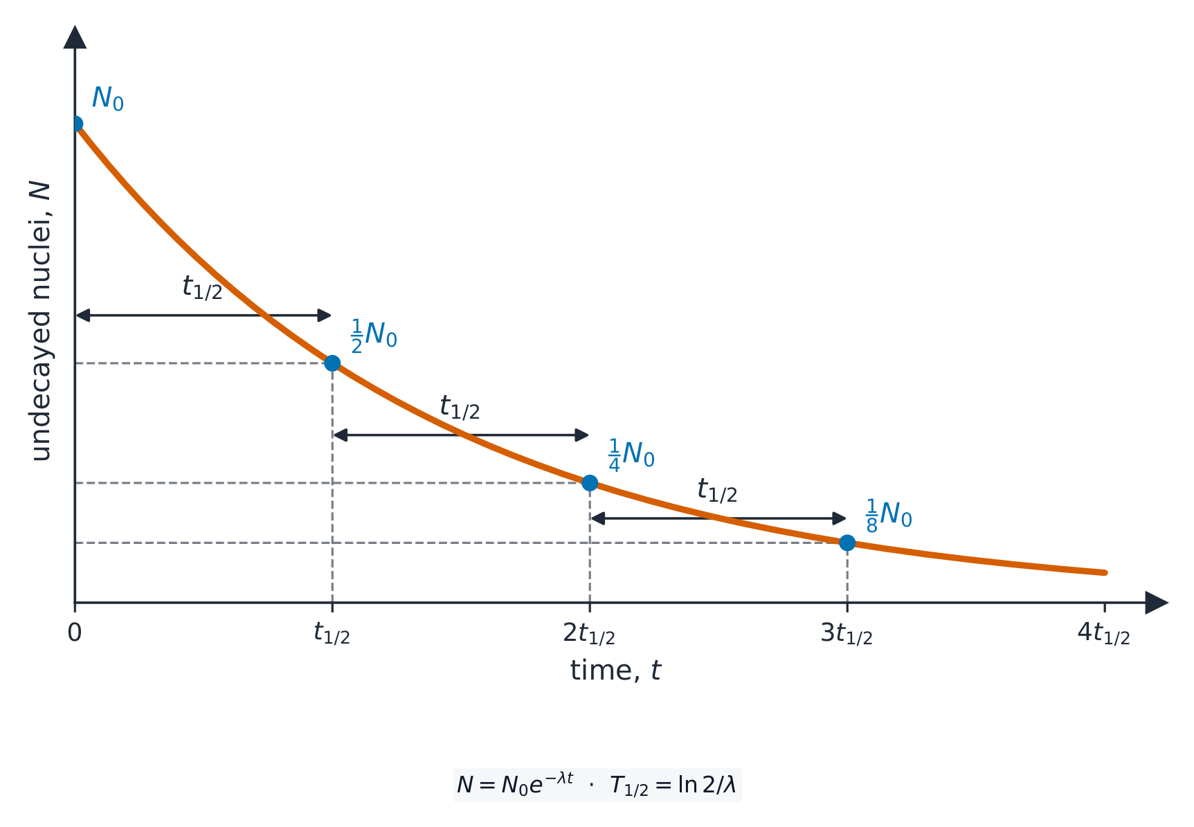 A radioactive decay curve: the number of undecayed nuclei against time, an exponential fall in which the number halves over each successive half-life, from to to to