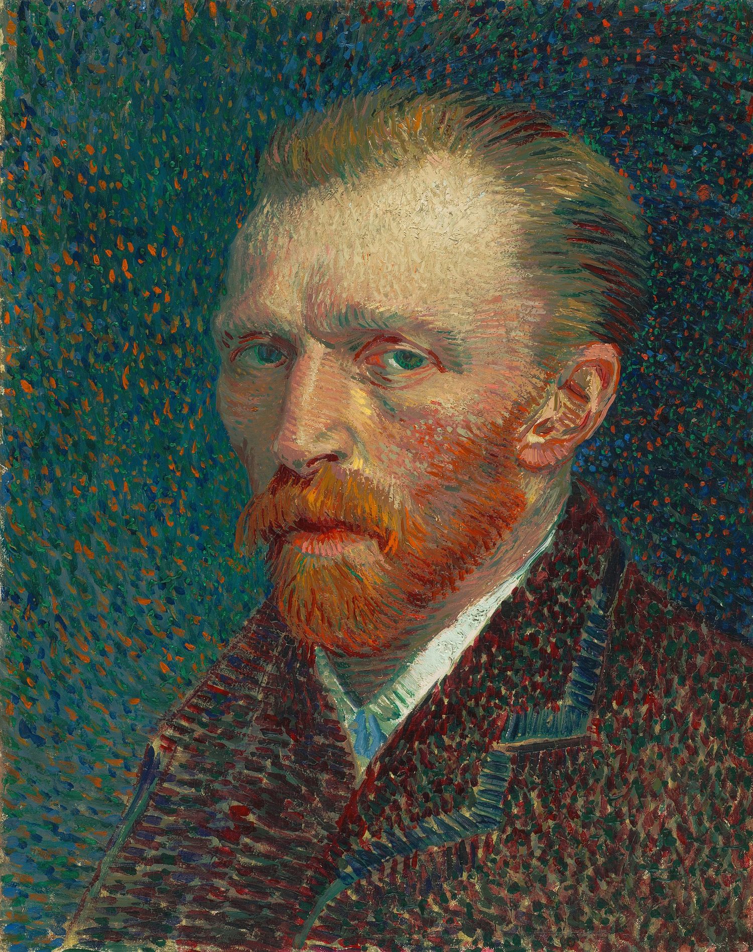 Van Gogh's self-portrait: short restless diagonal brushstrokes fill the background, while the shoulders and collar stay broad and calm