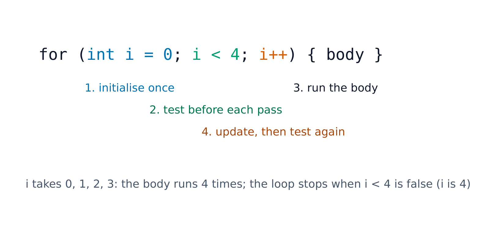 The three parts of a for loop and the order they run