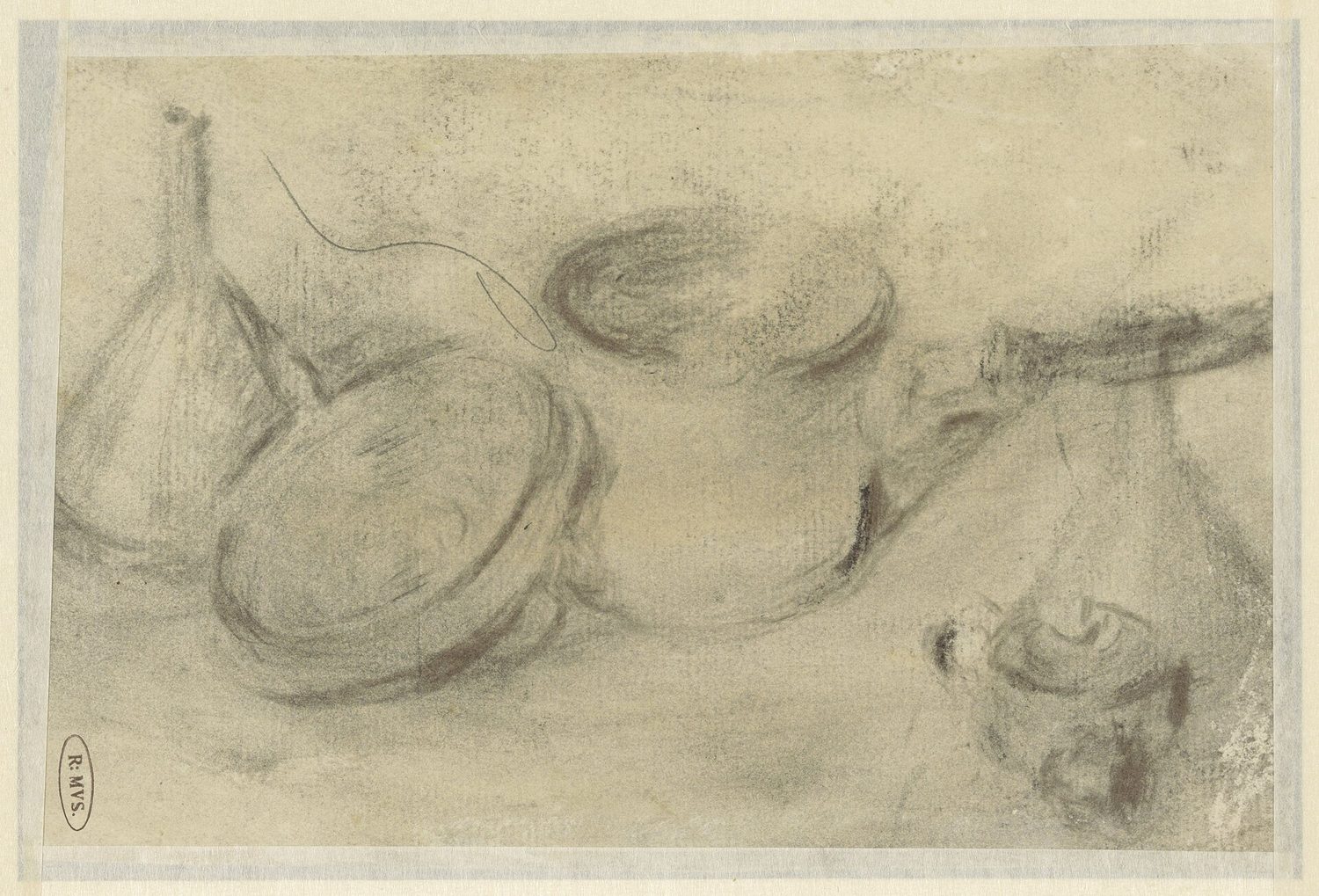 A charcoal still-life sketch: soft media build broad value shapes before detail