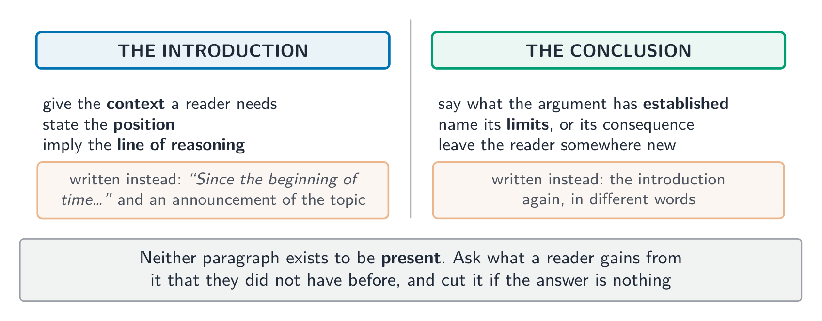 Neither paragraph exists to be present - ask what a reader gains from it