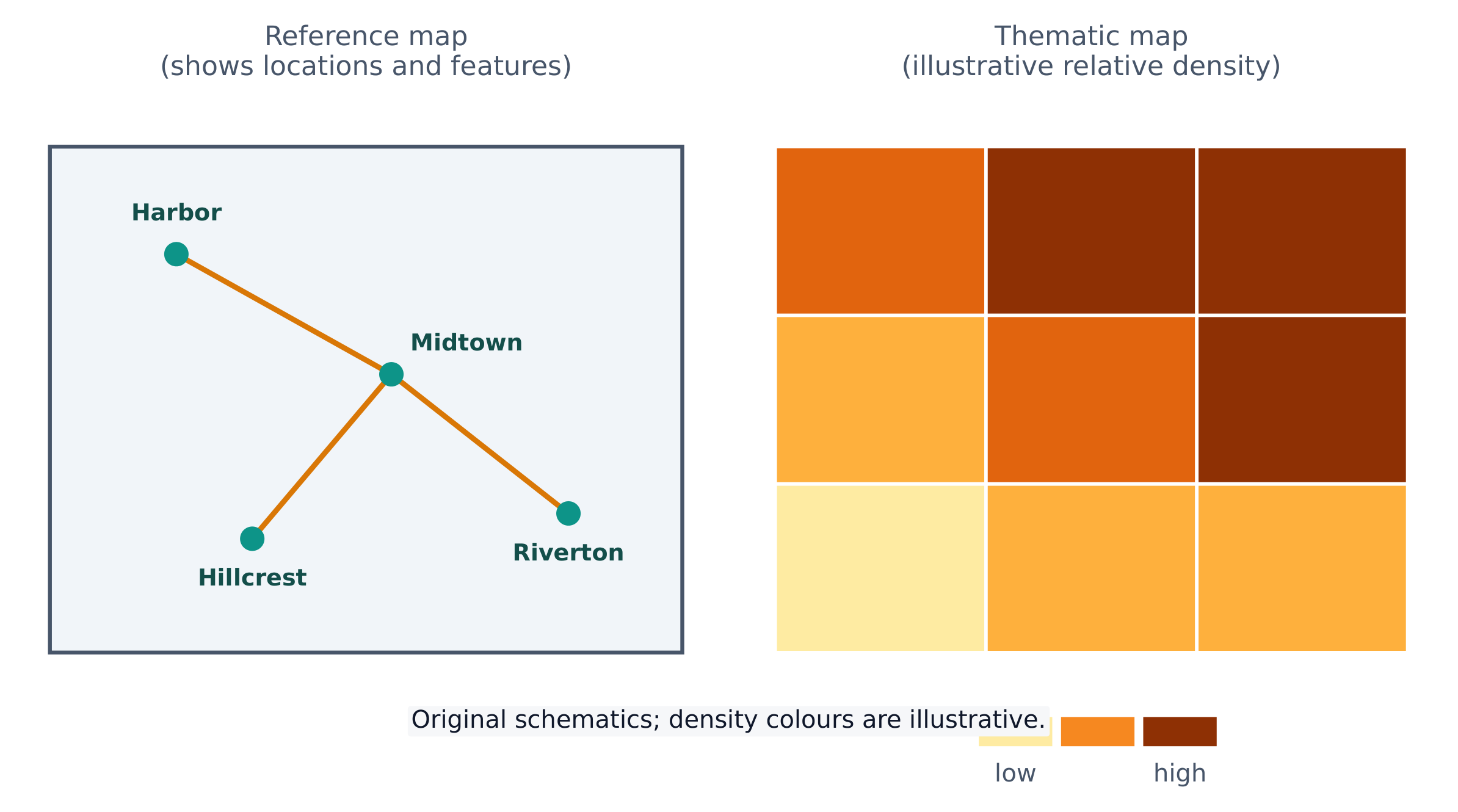 Reference maps show location; thematic maps show how a variable varies over space