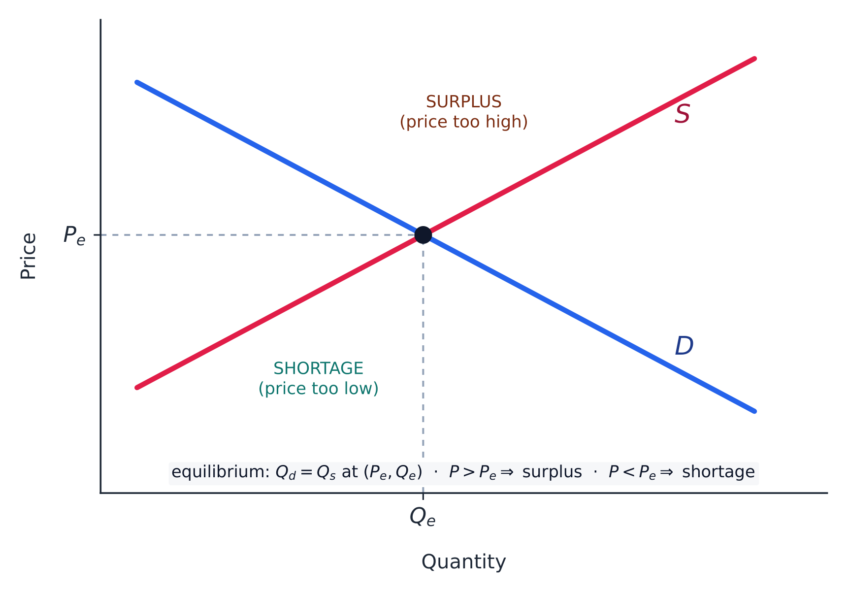Market equilibrium sits where supply meets demand; away from it lie surplus and shortage
