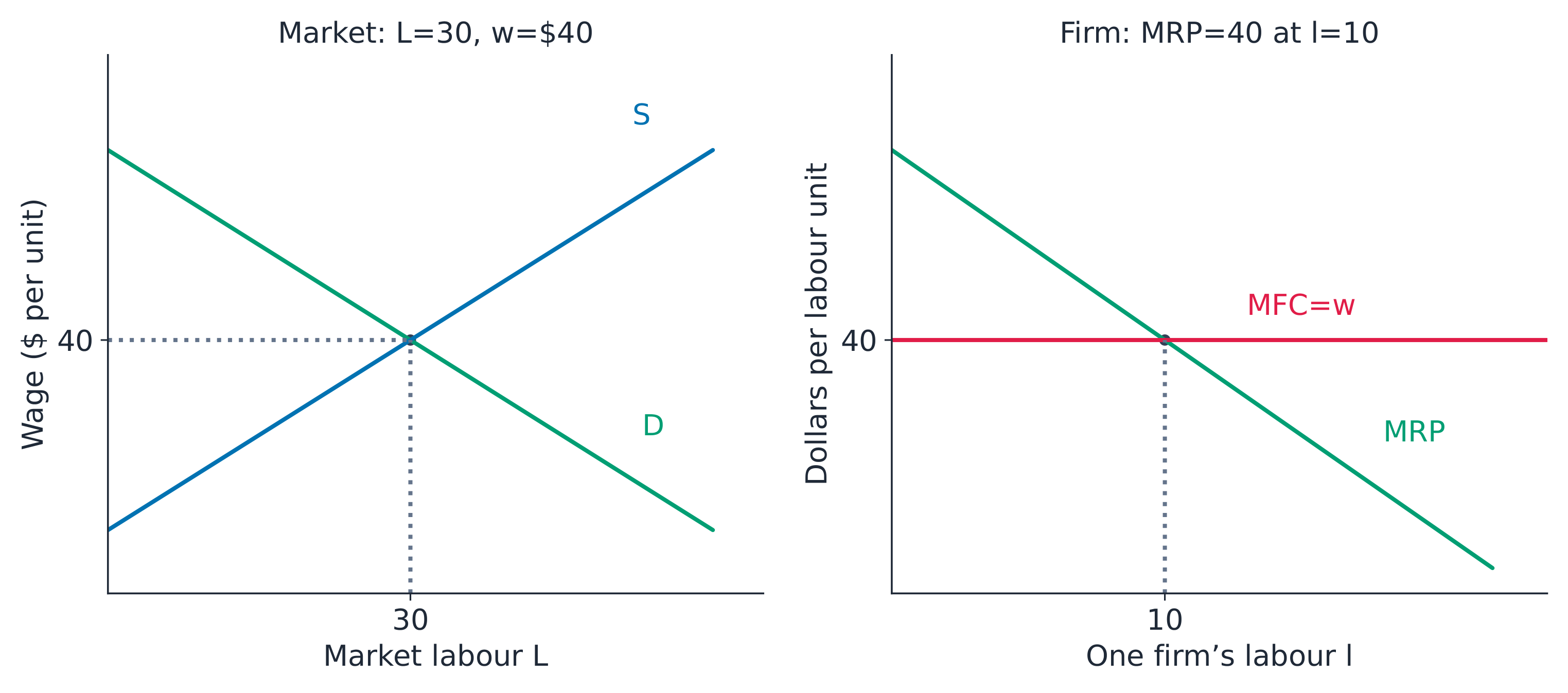 The labour market sets wage $40; a wage-taking firm hires 10 labour units