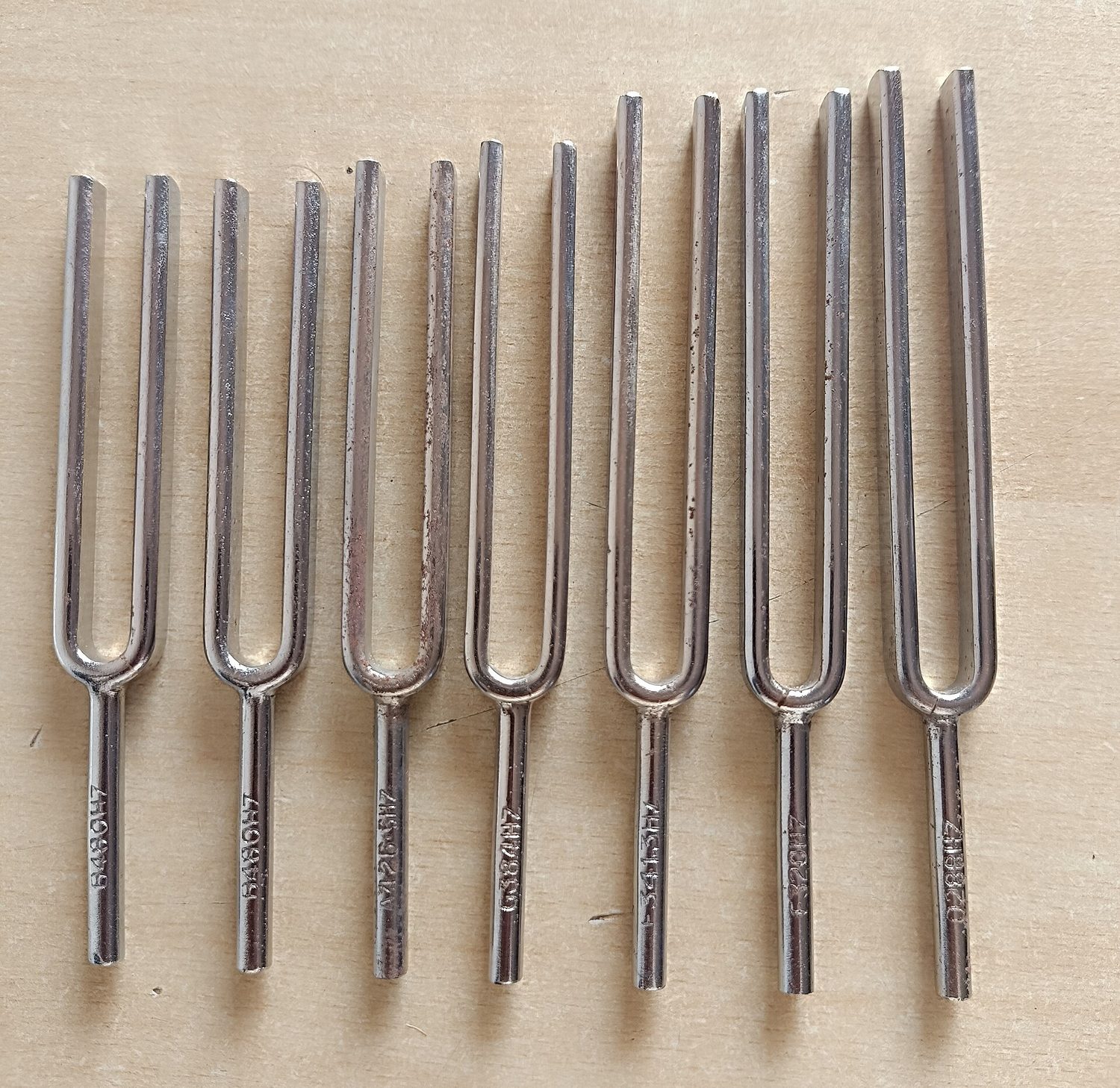 A set of tuning forks of different sizes
