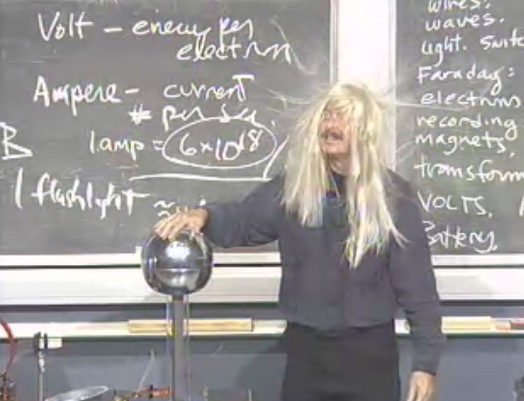 A person touching a Van de Graaff generator with their hair standing up