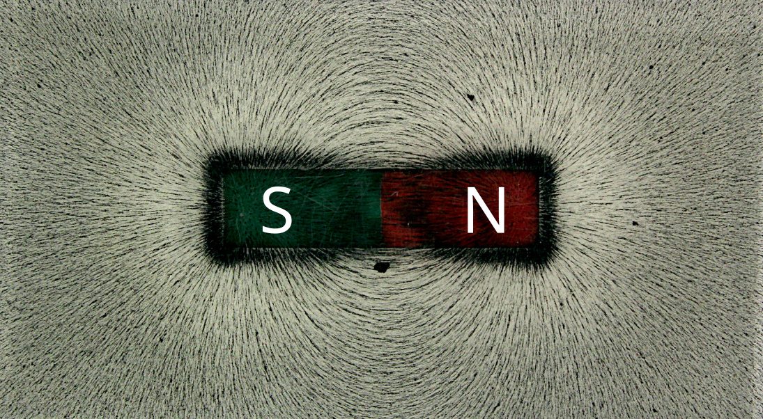 Iron filings forming curved lines around a bar magnet
