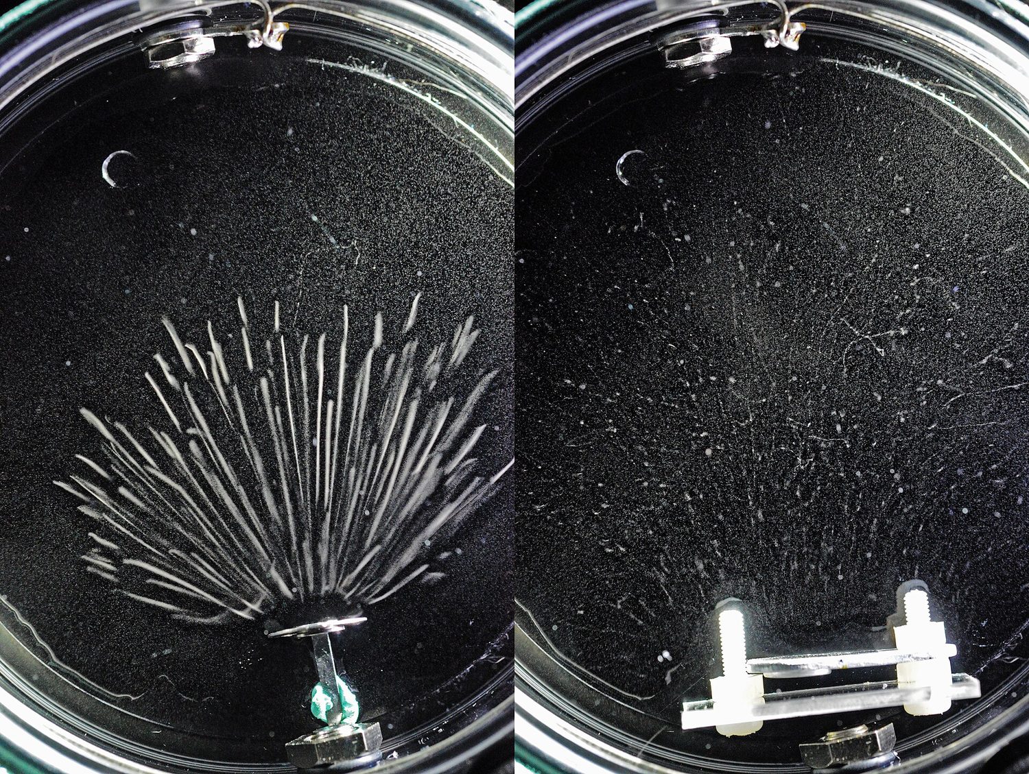 A cloud chamber: modern physics tracks charged particles from radioactive decays