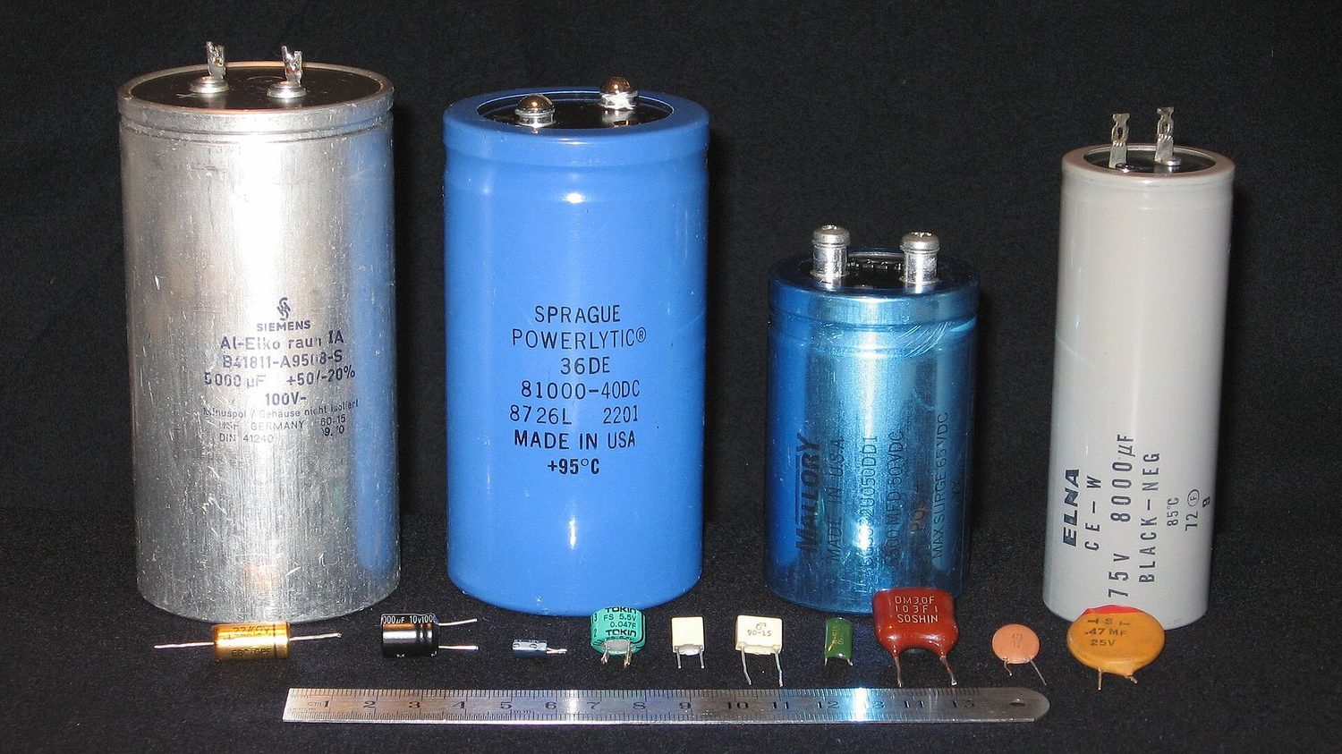 Assorted capacitors: devices that store charge and energy in an electric field between conductors