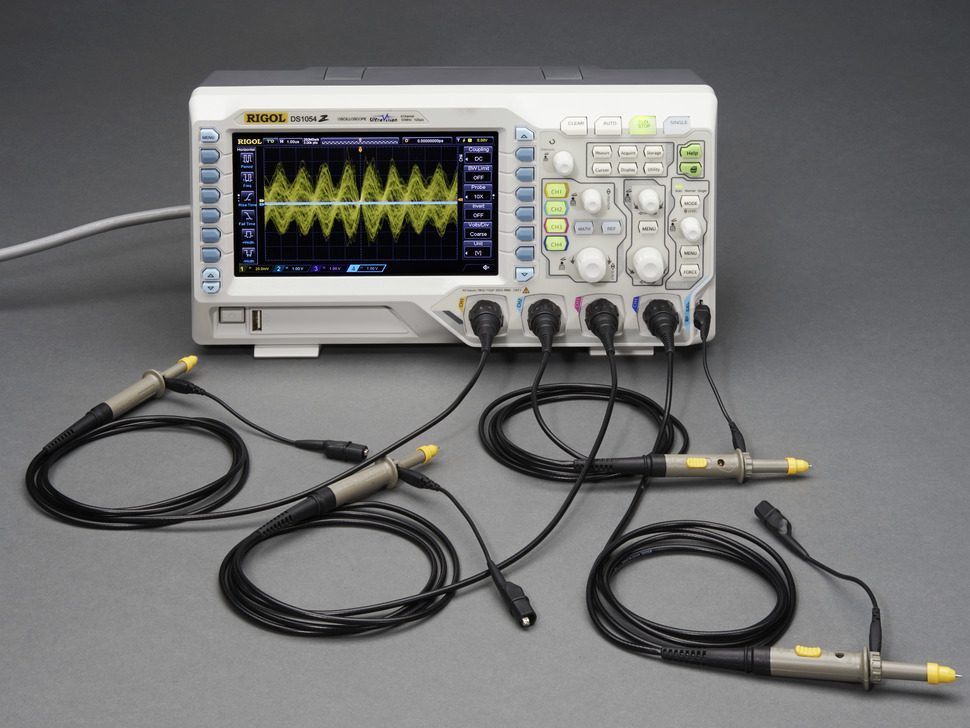 An oscilloscope: voltage against time reveals how current and charge evolve in a circuit