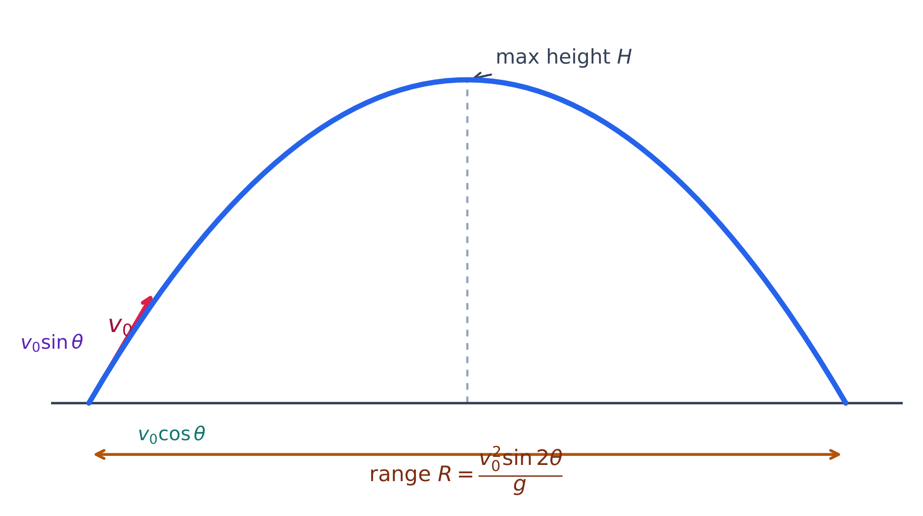 A projectile launched at an angle: velocity components, maximum height, and range