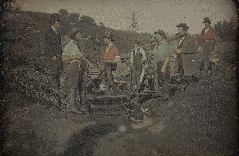 California gold miners working a long tom sluice, early 1850s