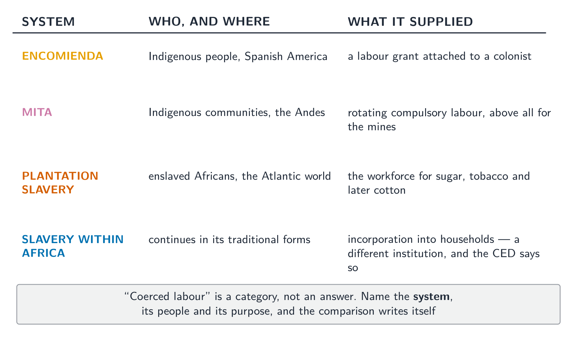 Four coerced-labour systems distinguished by who, where, and what each supplied