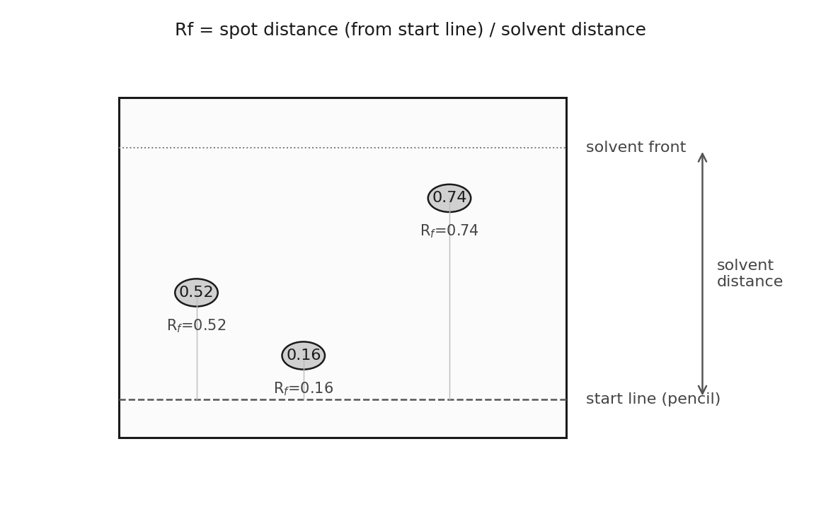 A chromatogram with three spots and the distances used in the Rf calculation.