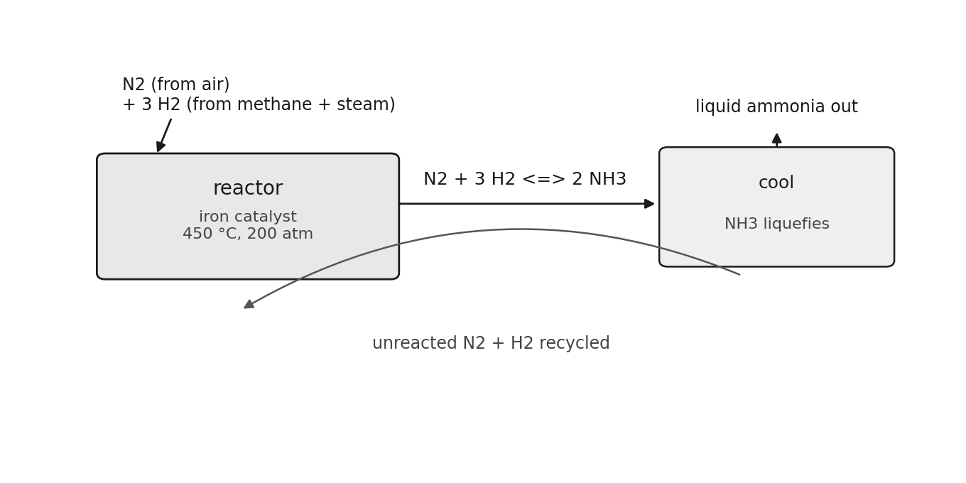 The Haber process loop: gases over an iron catalyst, ammonia liquefied out, unreacted gases recycled.