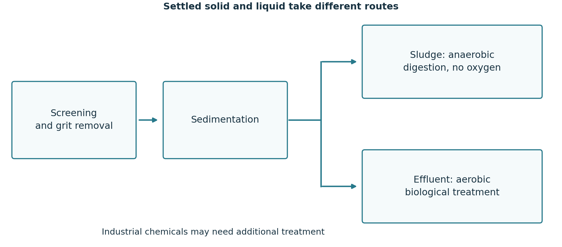 Sludge and effluent take separate biological treatment branches after sedimentation.