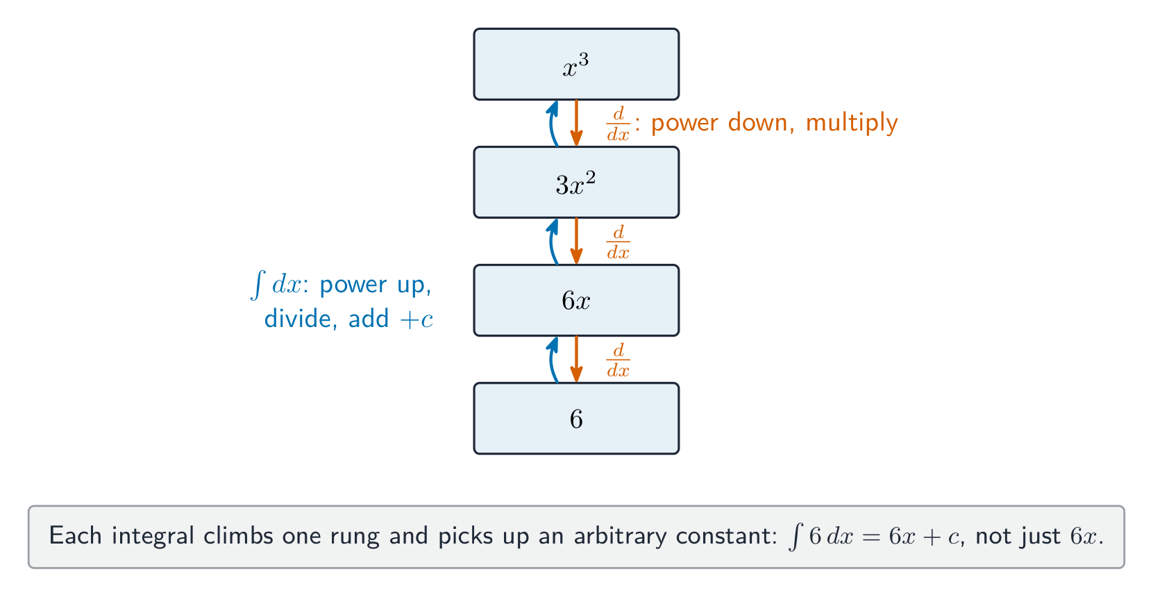 A two-way ladder: differentiation lowers each power, integration raises it and adds + c.