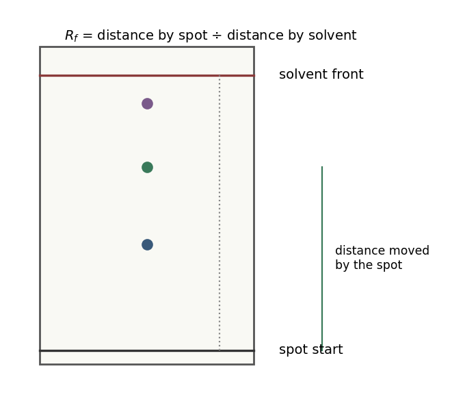 A chromatogram: the solvent front and spot distances give Rf values that identify each component.