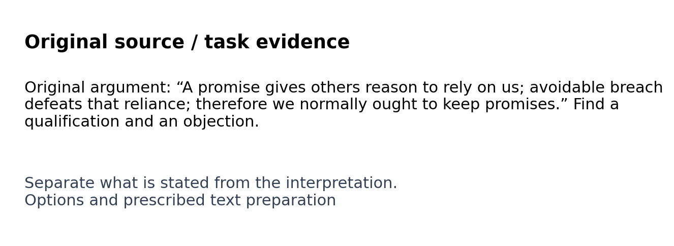 Original classroom evidence panel for Options and prescribed text preparation