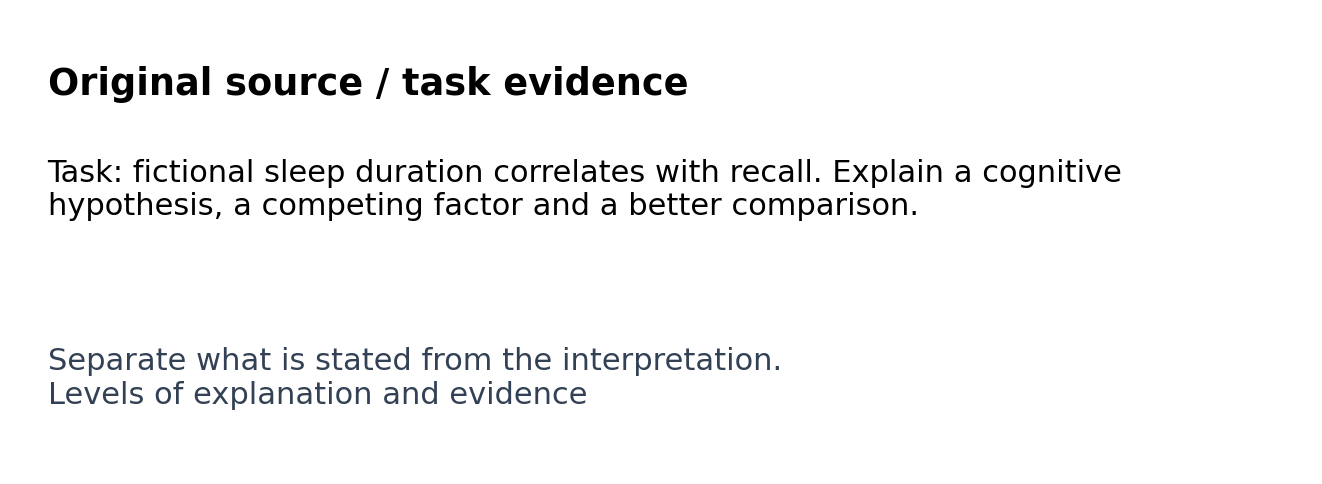 Original classroom evidence panel for Levels of explanation and evidence