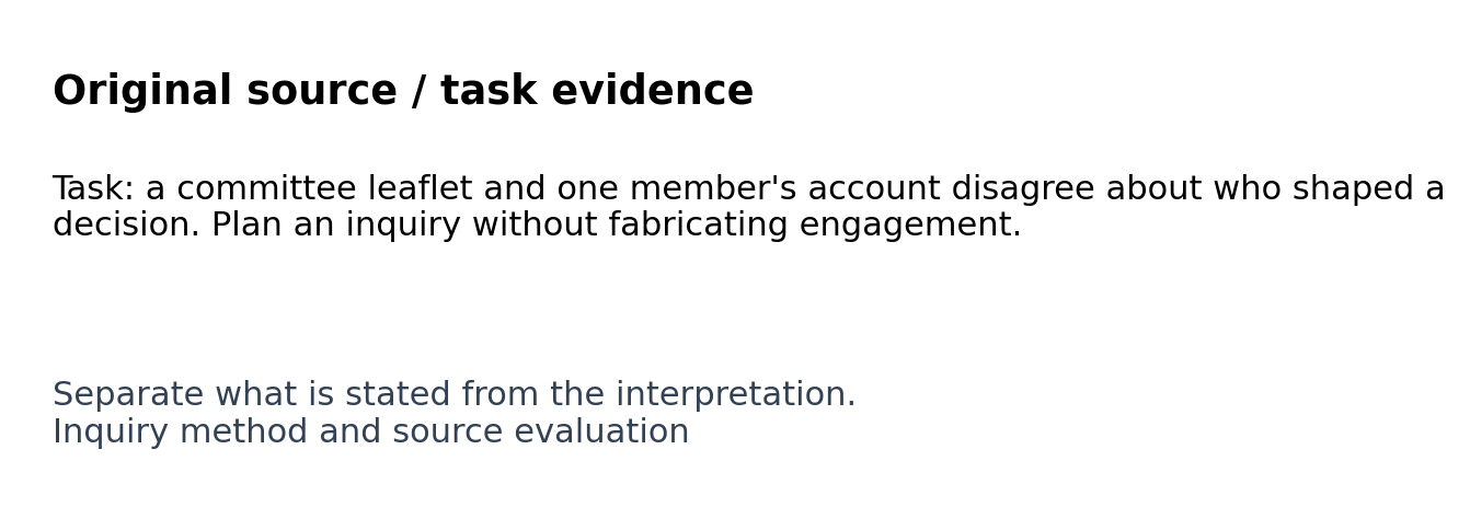Original classroom evidence panel for Inquiry method and source evaluation