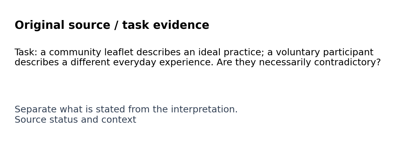 Original classroom evidence panel for Source status and context