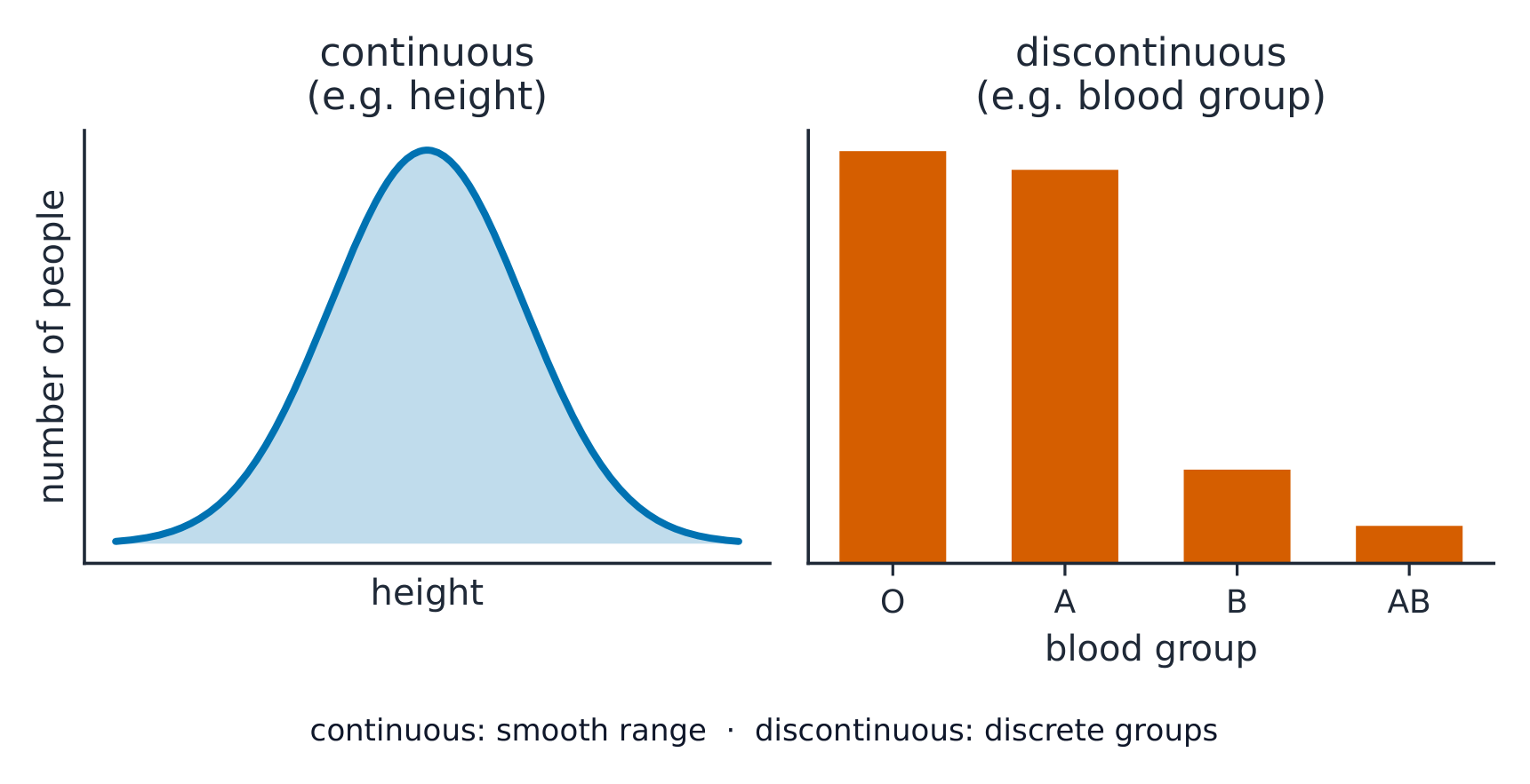 Deux graphiques : variation continue sous forme de courbe en cloche fluide de tailles, et variation discontinue sous forme de quatre barres séparées pour les groupes sanguins O, A, B et AB
